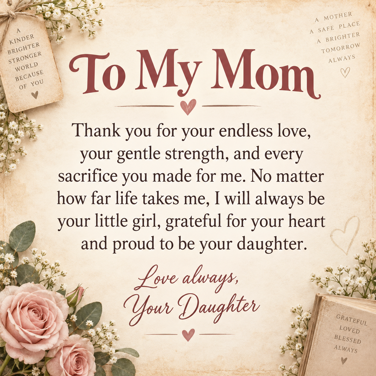 Vintage floral quote card with a heartfelt message from a daughter to her mother.